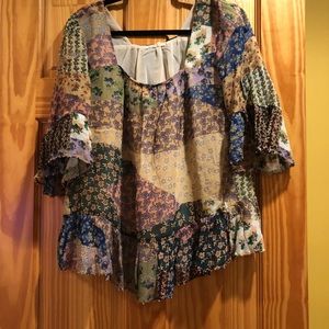 Anthro Floreat patchwork too with ruffles&beads. M